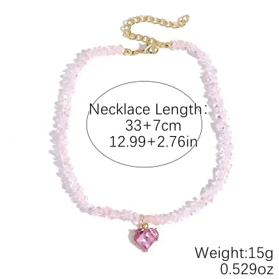 Women Fashion Beads Love Pendant Crystal Necklace Pearl Chain