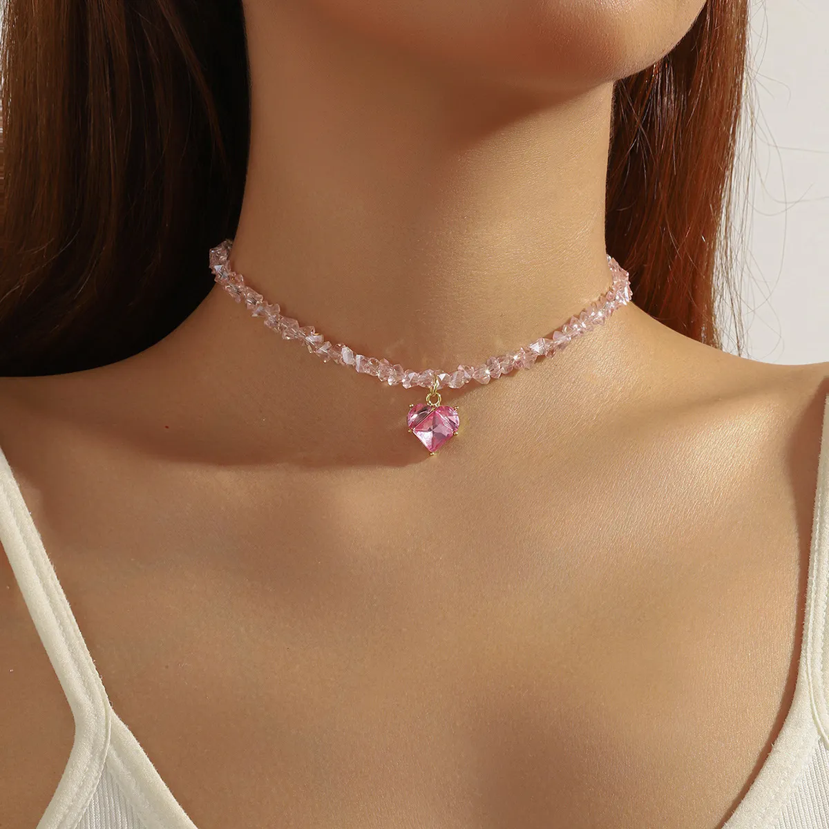 Women Fashion Beads Love Pendant Crystal Necklace Pearl Chain