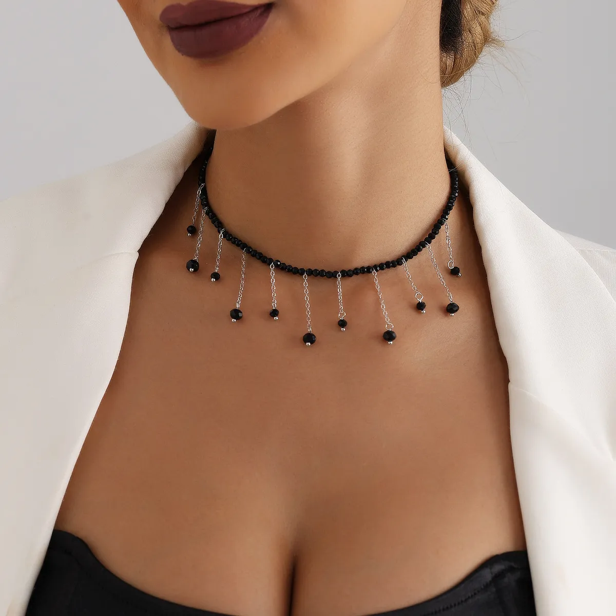 Women Fashion Retro Black Beaded Tassel Crystal Necklace
