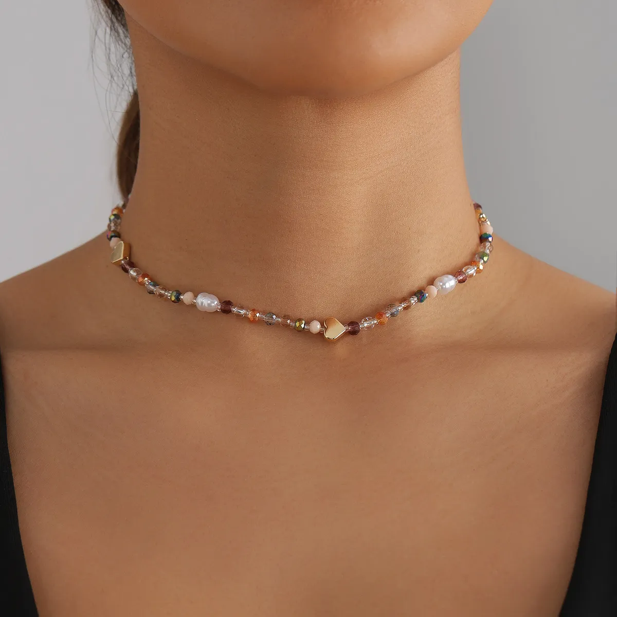 Women Fashion Creative Color Crystal Beads Love Necklace