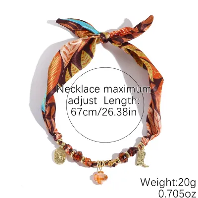 Women Fashion Retro Silk Scarf Alloy Pendant Knot Chain Necklace