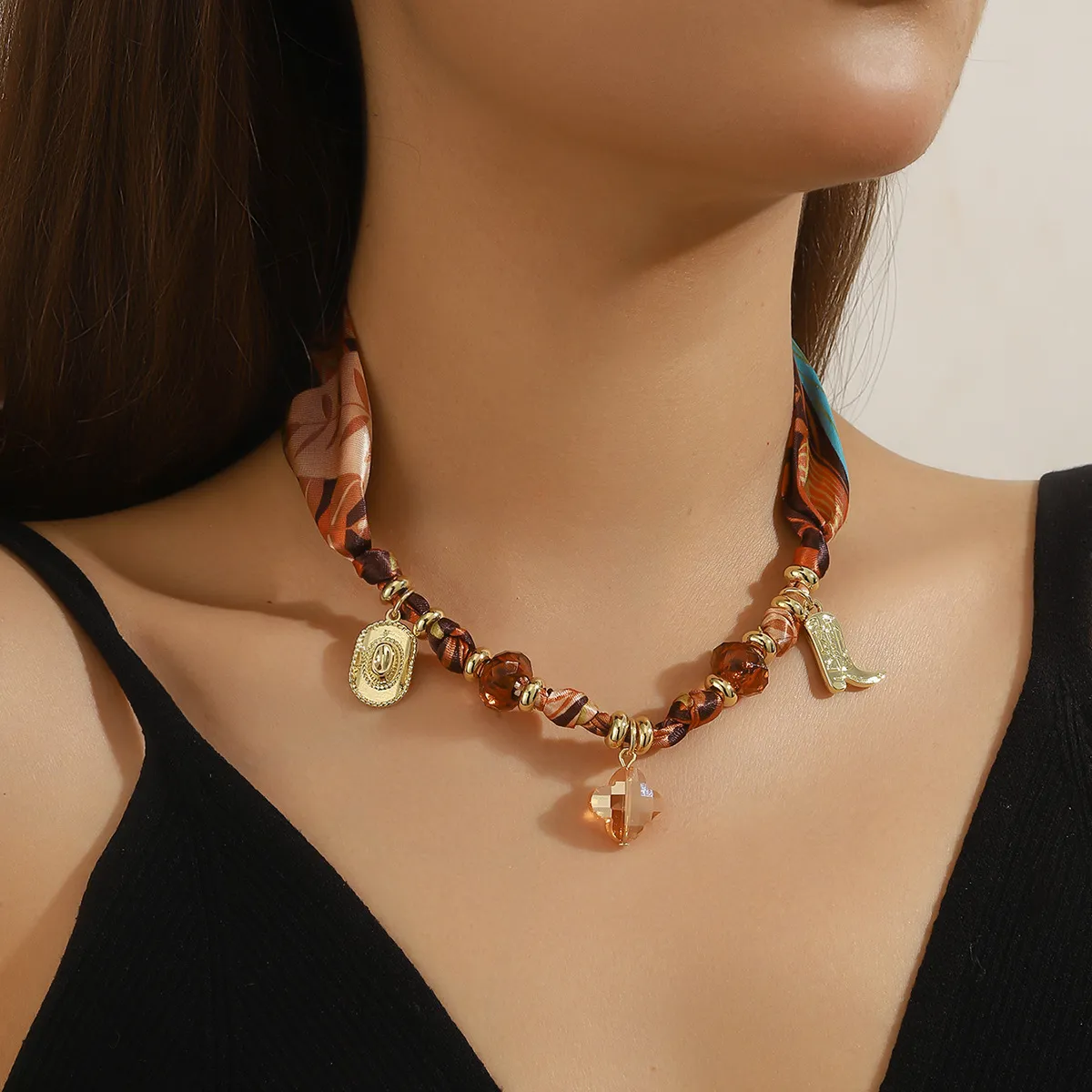 Women Fashion Retro Silk Scarf Alloy Pendant Knot Chain Necklace