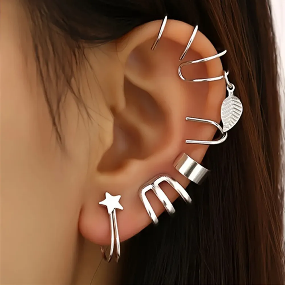 Women Creative Double C Cartilage U-Shaped Tassel Leaf Ear Clip 6Pcs/Set