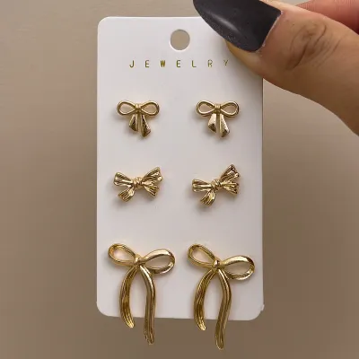 Women Fashion Simple Bowknot Earrings 3pair Set Stainless Steel Zinc Alloy