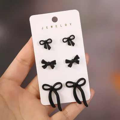 Women Fashion Simple Bowknot Earrings 3pair Set Stainless Steel Zinc Alloy