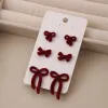 6-Red Flocking Bow-Stud Earrings