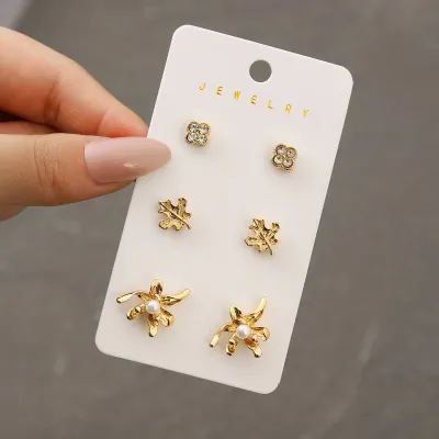 Women Fashion Simple Bowknot Earrings 3pair Set Stainless Steel Zinc Alloy