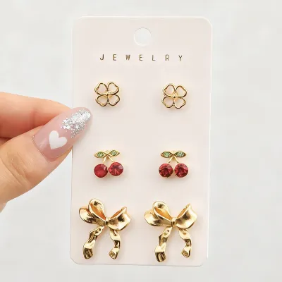 Women Fashion Simple Bowknot Earrings 3pair Set Stainless Steel Zinc Alloy