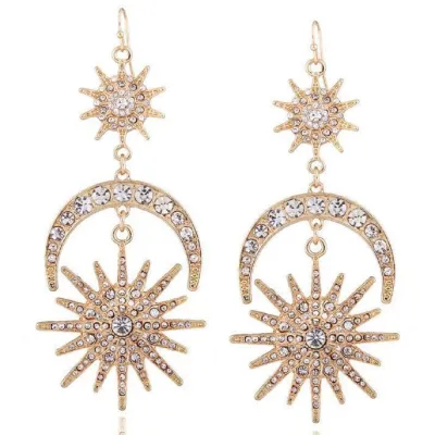 Women Fashion Exaggerated Sun Moon Star Rhinestone Earrings