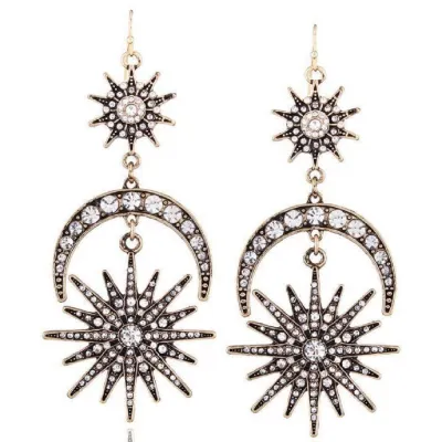 Women Fashion Exaggerated Sun Moon Star Rhinestone Earrings