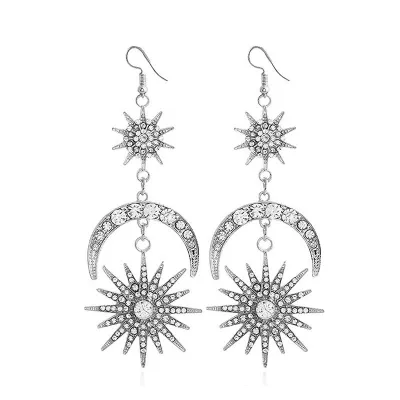 Women Fashion Exaggerated Sun Moon Star Rhinestone Earrings