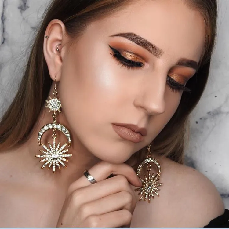 Women Fashion Exaggerated Sun Moon Star Rhinestone Earrings