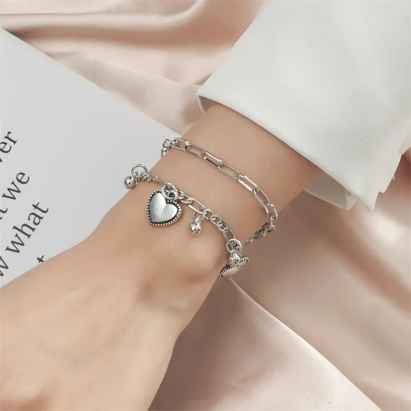 Women Fashion Simple Double-Layer Stacked Love Pendant Bracelet