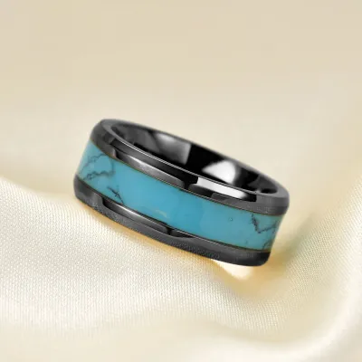 Men's Fashion Casual Natural Turquoise 8mm 304 Stainless Steel Ring Simple Geometric