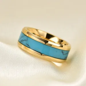 Men's Fashion Casual Natural Turquoise 8mm 304 Stainless Steel Ring Simple Geometric