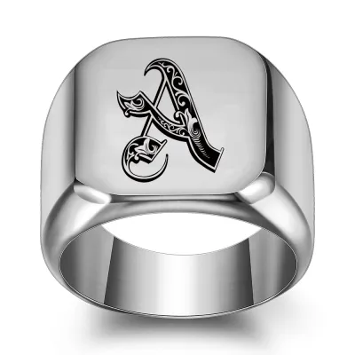Men Casual Square Laser Engraved 26 Alphabet 304 Stainless Steel Ring