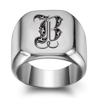 Men Casual Square Laser Engraved 26 Alphabet 304 Stainless Steel Ring