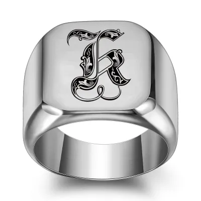 Men Casual Square Laser Engraved 26 Alphabet 304 Stainless Steel Ring