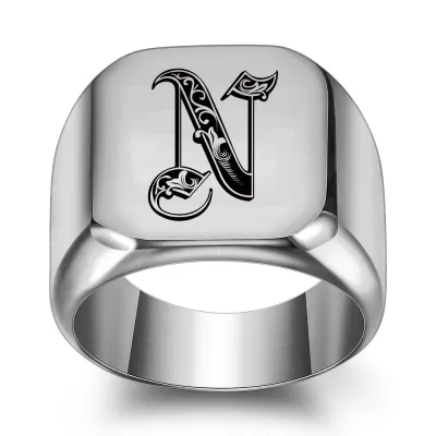 Men Casual Square Laser Engraved 26 Alphabet 304 Stainless Steel Ring