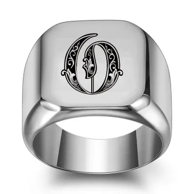 Men Casual Square Laser Engraved 26 Alphabet 304 Stainless Steel Ring