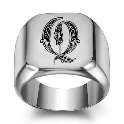 Men Casual Square Laser Engraved 26 Alphabet 304 Stainless Steel Ring