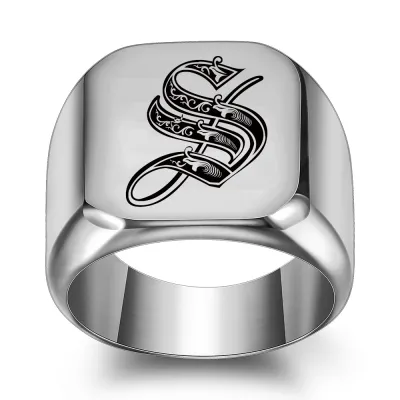 Men Casual Square Laser Engraved 26 Alphabet 304 Stainless Steel Ring