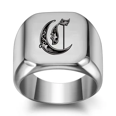 Men Casual Square Laser Engraved 26 Alphabet 304 Stainless Steel Ring