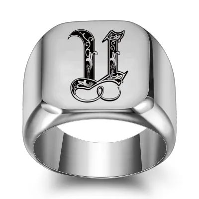 Men Casual Square Laser Engraved 26 Alphabet 304 Stainless Steel Ring