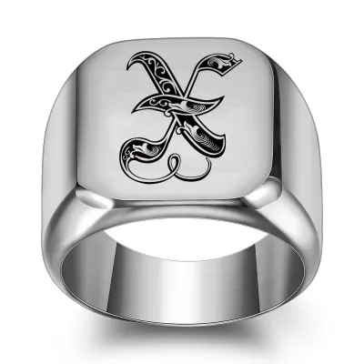 Men Casual Square Laser Engraved 26 Alphabet 304 Stainless Steel Ring