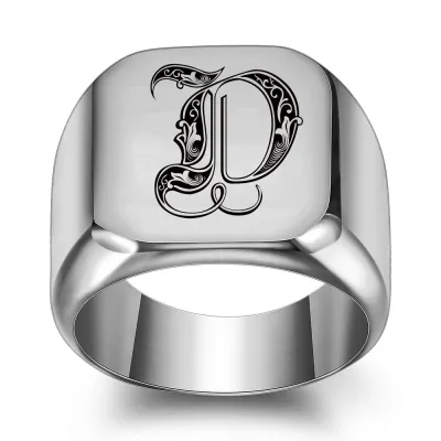 Men Casual Square Laser Engraved 26 Alphabet 304 Stainless Steel Ring