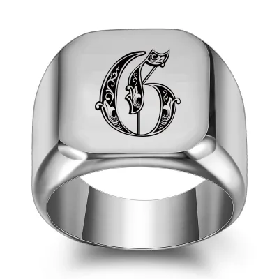 Men Casual Square Laser Engraved 26 Alphabet 304 Stainless Steel Ring