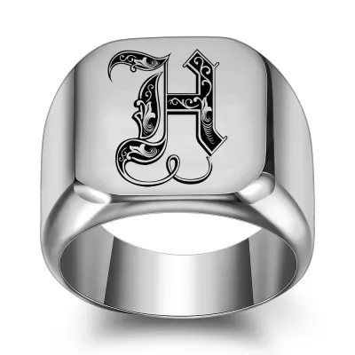 Men Casual Square Laser Engraved 26 Alphabet 304 Stainless Steel Ring