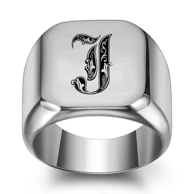 Men Casual Square Laser Engraved 26 Alphabet 304 Stainless Steel Ring