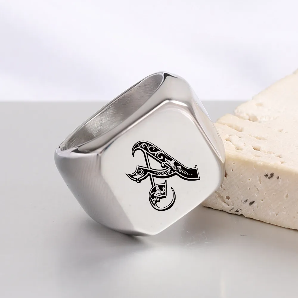 Men Casual Square Laser Engraved 26 Alphabet 304 Stainless Steel Ring