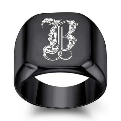 Men Fashion Casual Square 26 Alphabet 304 Stainless Steel Laser Engraved Ring
