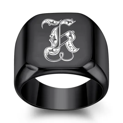 Men Fashion Casual Square 26 Alphabet 304 Stainless Steel Laser Engraved Ring