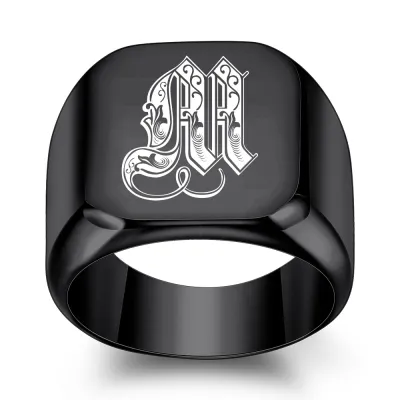Men Fashion Casual Square 26 Alphabet 304 Stainless Steel Laser Engraved Ring
