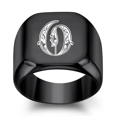 Men Fashion Casual Square 26 Alphabet 304 Stainless Steel Laser Engraved Ring
