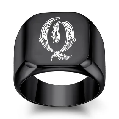 Men Fashion Casual Square 26 Alphabet 304 Stainless Steel Laser Engraved Ring
