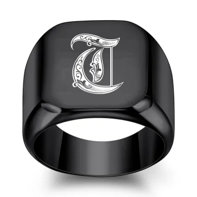 Men Fashion Casual Square 26 Alphabet 304 Stainless Steel Laser Engraved Ring