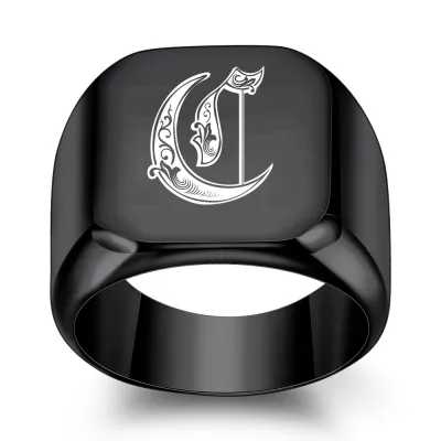 Men Fashion Casual Square 26 Alphabet 304 Stainless Steel Laser Engraved Ring