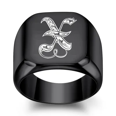 Men Fashion Casual Square 26 Alphabet 304 Stainless Steel Laser Engraved Ring