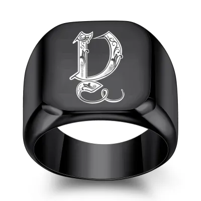 Men Fashion Casual Square 26 Alphabet 304 Stainless Steel Laser Engraved Ring