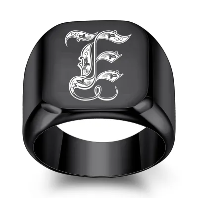 Men Fashion Casual Square 26 Alphabet 304 Stainless Steel Laser Engraved Ring