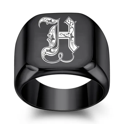 Men Fashion Casual Square 26 Alphabet 304 Stainless Steel Laser Engraved Ring