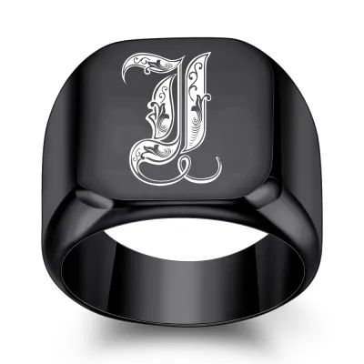 Men Fashion Casual Square 26 Alphabet 304 Stainless Steel Laser Engraved Ring