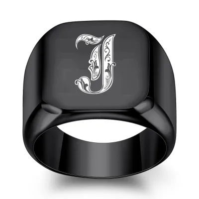 Men Fashion Casual Square 26 Alphabet 304 Stainless Steel Laser Engraved Ring