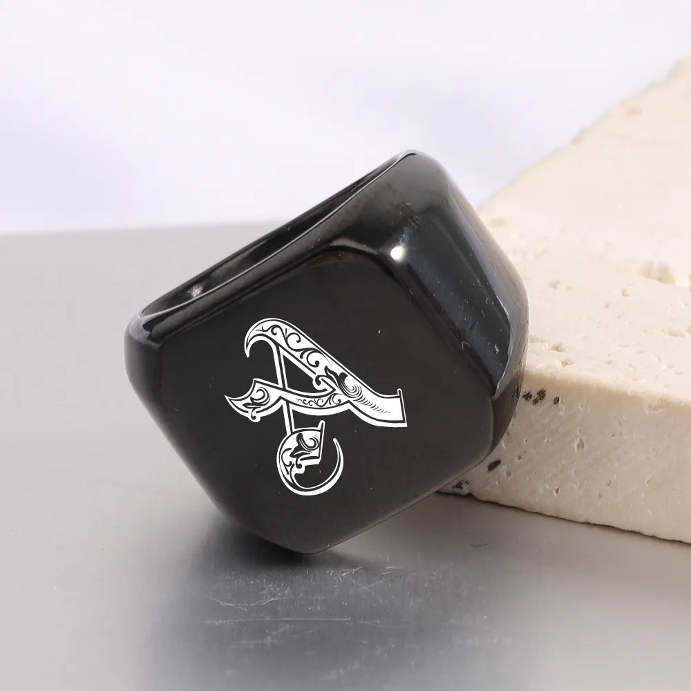 Men Fashion Casual Square 26 Alphabet 304 Stainless Steel Laser Engraved Ring