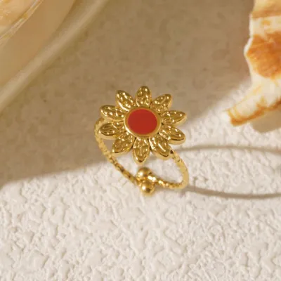 Women Fashion Roll Silk Floral Plated Oil Dropping 304 Stainless Steel Ring
