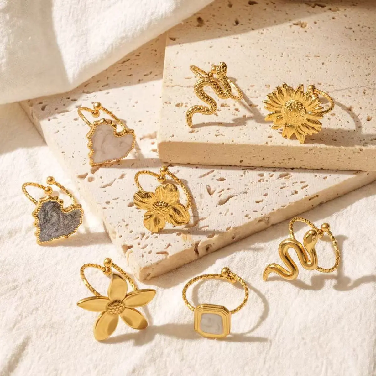 Women Fashion Roll Silk Floral Plated Oil Dropping 304 Stainless Steel Ring